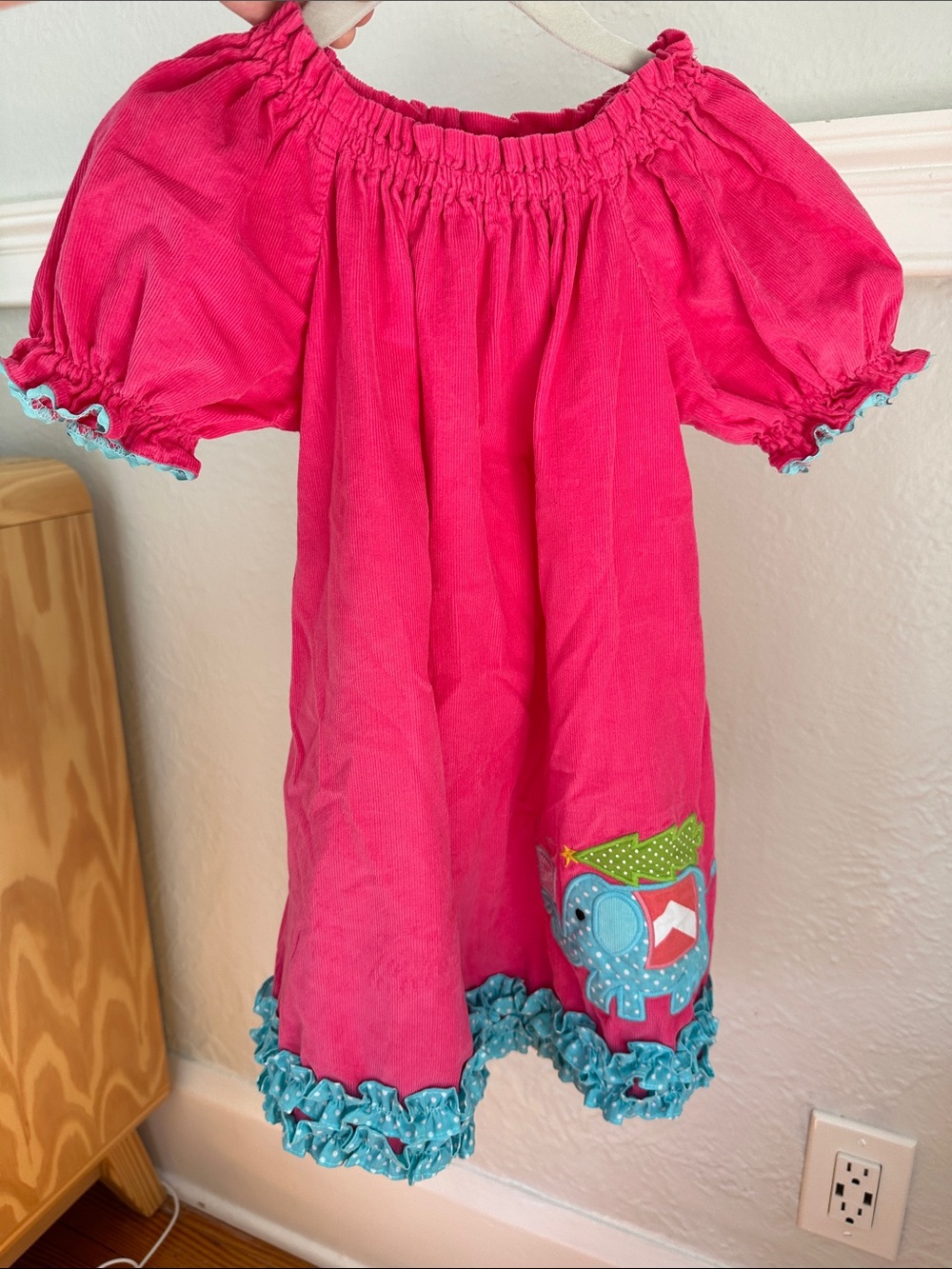 Christmas Girls' Bright Pink Ruffle-Hem Dress with Blue Trim
